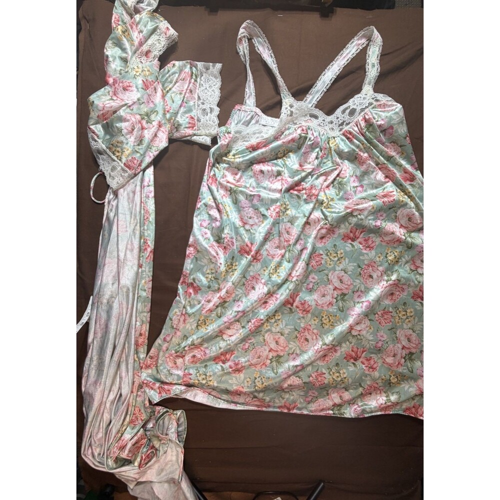 Vintage Val Mode Lingerie Slip Dress Nightgown Peignoir Robe Set Size L